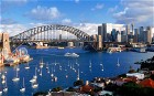 Sydney skyline with Harbour Bridge and yachts anchored in Lavender Bay 